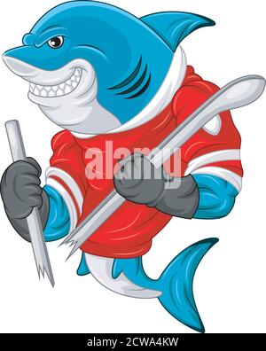 Cartoon Hai Maskottchen trägt ein Eishockey-Trikot, während ein Stock, der geschnitten wurde Stock Vektor