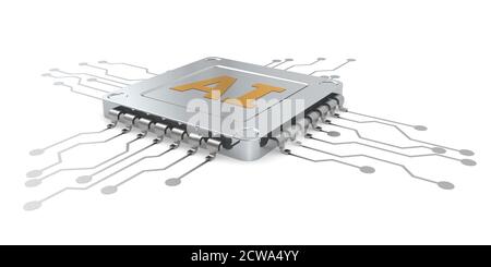 KI-Computerchip auf weißem Hintergrund isoliert, 3D-Rendering Stockfoto