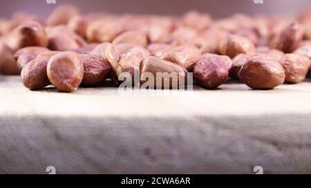 Haufen von rohen Erdnüssen. Kultivierte Erdnüsse, Erdnüsse oder Erdnüsse. Pflanze der Familie der Hülsenfrüchte. Landwirtschaftliche Nutzpflanzen im industriellen Maßstab. Südamerika Stockfoto