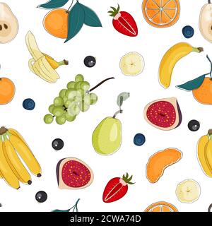 Früchte und Beeren nahtloses Muster auf weißem Hintergrund, Stock Vektor-Illustration. Stock Vektor