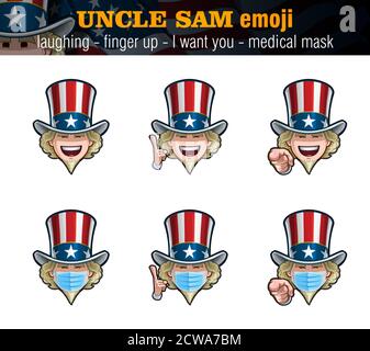 Vektor-Illustrationen Satz von Cartoon Onkel Sam Emoji mit lachenden Ausdruck, nur das Gesicht, zeigt den Finger, ich will Sie und nach oben und chirurgische Maske o Stock Vektor