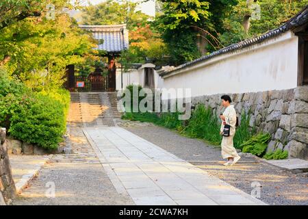 Kyoto, Japan - 23. November 2007: Japanische Frau im Kimono, die am Tempel vorbeikommt, nähert sich in Kyoto beim warmen Herbstlicht. Japan Stockfoto
