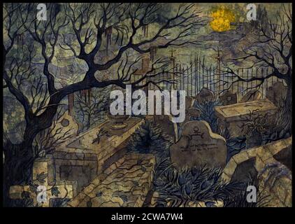 Handgezeichnete Illustration mit altem verlassenen Friedhof mit gruseligen Grabsteinen, Kreuzen und Gräbern gegen Vollmond und Burg bei Nacht. Halloween-Backgr Stockfoto