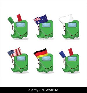 Ghost unter uns grünen Zeichentrickfigur bringen die Flaggen von Verschiedene Länder Stock Vektor
