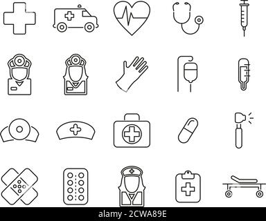 Krankenwagen oder Emergency Response Team Symbole Thin Line Set groß Stock Vektor