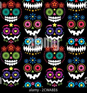 Halloween und Dia de los Muertos Schädel und Kürbis Gesichter vektor nahtlose Muster - mexikanische Farbe Zucker Totenkopf Stil texile Design auf Schwarz Stock Vektor