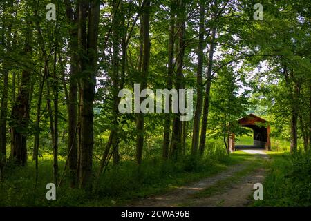 Die Hyde Hall Covered Bridge wurde 1825 erbaut und ist die älteste Brücke in den USA. Sie liegt an einem Sommertag am Ende einer unbefestigten Straße. Stockfoto