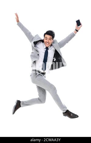 Holen Sie sich das Telefon laufen springen ein Geschäftsmann Stockfoto