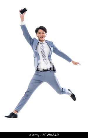 Holen Sie sich das Telefon laufen springen ein Geschäftsmann Stockfoto
