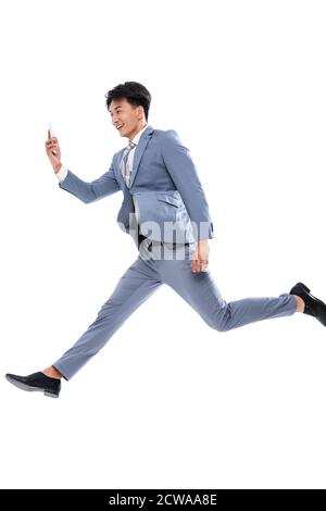 Holen Sie sich das Telefon laufen springen ein Geschäftsmann Stockfoto