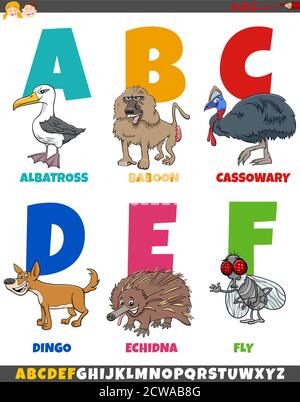 Cartoon Illustration der pädagogischen bunten Alphabet Set aus Buchstabe A Bis F mit lustigen Tierfiguren Stock Vektor