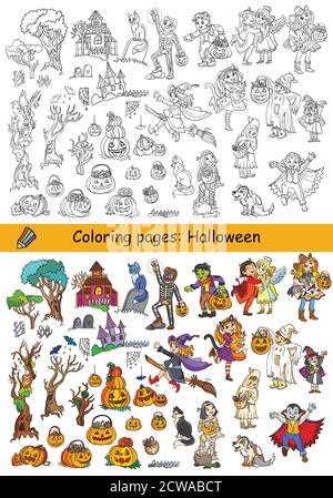 Vektor halloween Illustration Färbung Cartoon-Charaktere gesetzt Stock Vektor