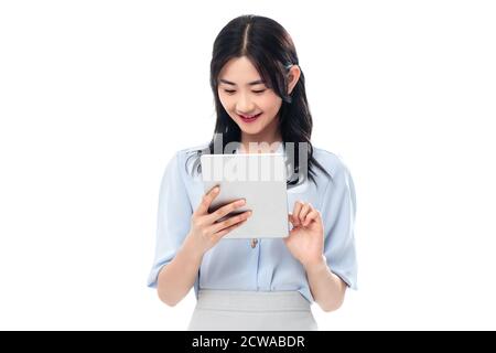 Mit dem Tablet Business Lady Stockfoto