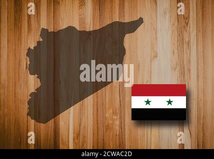 Karte und Flagge Syriens, Provinz in Asien, auf Holzhintergrund, 3D-Illustration Stockfoto