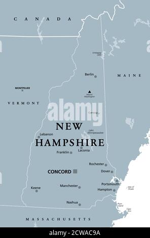 New Hampshire, NH, graue politische Karte, mit Hauptstadt Concord. Staat in der Region New England der Vereinigten Staaten von Amerika. Der Granitstaat. Stockfoto