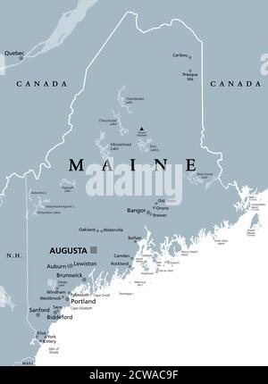 Maine, ICH, graue politische Landkarte mit der Hauptstadt Augusta. Nördlichster Staat in den Vereinigten Staaten von Amerika, und befindet sich in der Region Neuengland.