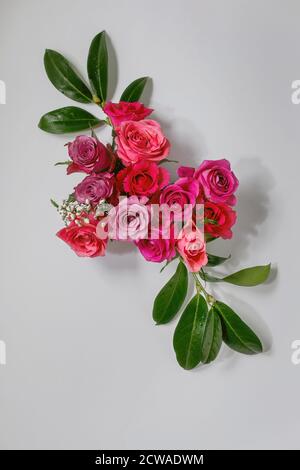 Kreatives Layout mit schönen rosa Rosen Blumen und grünen Blättern auf grauem Hintergrund. Flaches Lay. Grußkartenkonzept Stockfoto