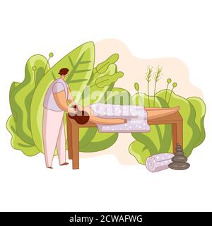 Mann tut Kopfmassage und Spa-Behandlungen für Frau in gemütlicher Atmosphäre mit grünen Blättern, orientalischen Steinen. Entspannendes Selbstliebungs-Konzept, flache Hand Stock Vektor