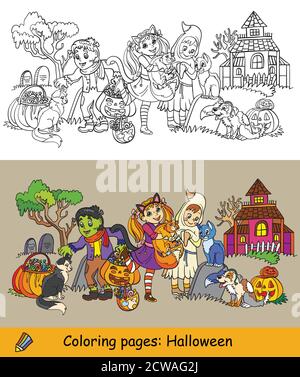 Cartoon halloween Illustration. Vektor-Färbung und farbige Beispiel glückliche Kinder in Kostümen von Geist, Lady Cat und Monster.Malbuch für Kinder Stock Vektor