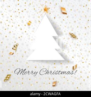 Weißer Weihnachtsbaum mit goldenen Serpentin und Konfetti, Minimalismus Grußkarte Stock Vektor