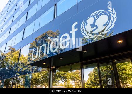 Hauptsitz des Regionalbüros für Europa und Zentralasien der UNICEF in Genf, Schweiz, eine UN-Hilfsorganisation für Kinder weltweit. Stockfoto