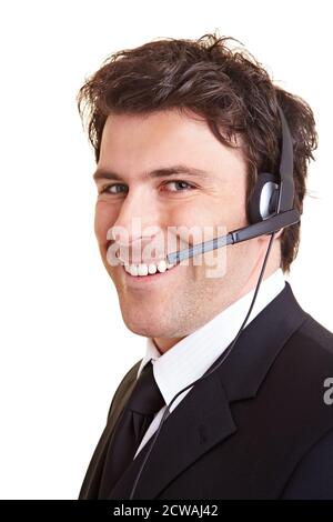 Ein Geschäftsmann trägt ein Headset auf dem Kopf Stockfoto