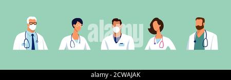 Satz von männlichen und weiblichen Charakteren von Ärzten. Chirurgen, Ärzte, Krankenschwestern. Konzeptionelle Illustration, Krankenhaus medizinisches Team, Poster. Vektorvorlage für Design Stock Vektor