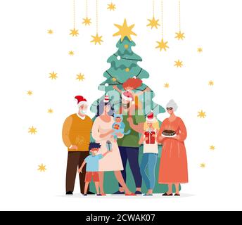 Familie zusammen zu Hause für weihnachten. Glückliche Familie begrüßt das neue Jahr mit Kindern, Großeltern und einem geschmückten Weihnachtsbaum. Flache Cartoon-Vektor-Illustration Stock Vektor