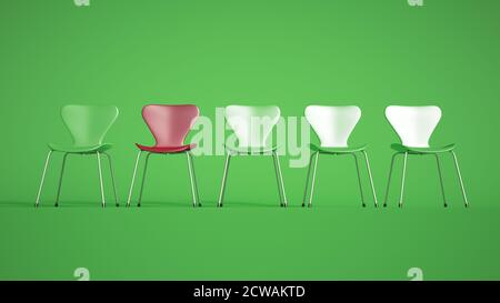 3D-Rendering einer Reihe von Kunststoff-und Metall-Stühle In grünen Farbtönen mit einem kontrastierenden roten Stockfoto