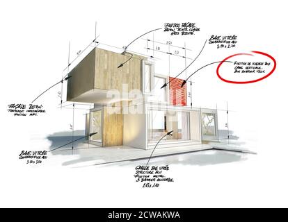 3D-Darstellung eines modernen kubischen Hauses mit Noten, Messungen und Anzeigen Stockfoto