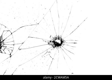 Zerbrochene Glasstruktur. Schwarze Risse auf weißem Hintergrund Stockfoto