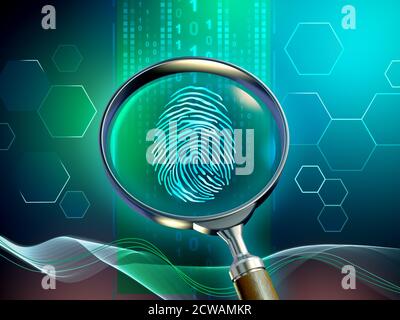 Vergrößerungsglas Revaling eines Fingerprints in einem Datenstrom. 3D-Illustration. Stockfoto