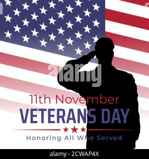 Happy Veterans Tag Banner, Silhouette eines begrüssenden uns Armee Soldaten Veteran auf Flagge Hintergrund. US-Nationalfeiertag 11. november. Amerikanische Flagge. Poster, Ty Stock Vektor