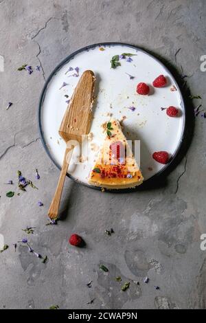 Letztes Stück von hausgemachten Himbeere gebackenen Käsekuchen auf Teller mit frischen Himbeeren und Minze dekoriert, mit Holzkuchen Server über grau textute backgrou Stockfoto