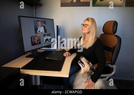 Lächelnd reife Frau mit Videoanruf über Computer im Home Office ein Collie Hund neben. Online-Teambesprechung Videokonferenzanrufe von zu Hause aus. Stockfoto