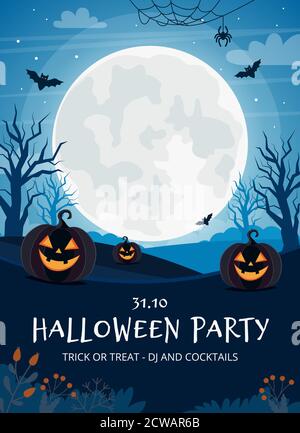 Halloween Party Flyer Vorlage mit Vollmond und Kürbissen Stock Vektor