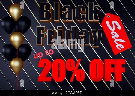 Black Friday Verkauf schwarzen freitag Illustration Hintergrund Poster oder Zeichen Bild mit schwarzen freitag 20% Rabatt auf Text 3D gerendert Stockfoto