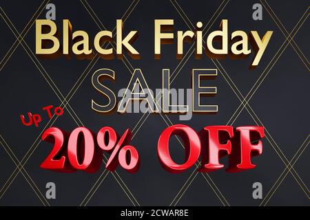 3D gerendert schwarzen Freitag Verkauf Hintergrund Poster oder Zeichen Bild Mit 20 % Rabatt auf Text Stockfoto