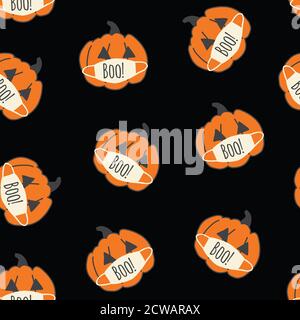 Nahtlose Vektor-Muster Corona Halloween Kürbisse auf schwarz. Kürbisse tragen Gesichtsmasken. Covid-19 Virus Halloween Hintergrund. Halloween 2020 Stock Vektor