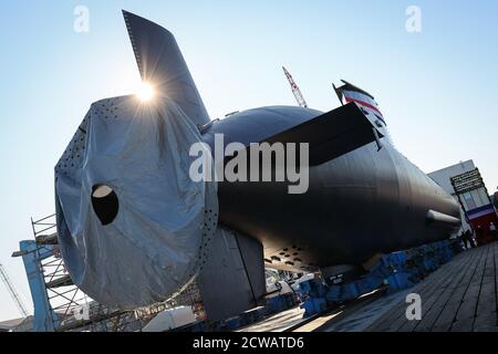 Kiel, Deutschland. September 2020. Auf der Werft von thyssenkrupp Marine Systems (TKMS) wird ein U-Boot der Klasse HDW 209/1400mod der ägyptischen Marine getauft. Das U-Boot wurde IN einer kleinen Zeremonie am Dienstag "44" getauft. Quelle: Christian Charisius/dpa/Alamy Live News Stockfoto