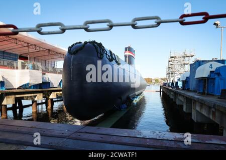 Kiel, Deutschland. September 2020. Auf der Werft von thyssenkrupp Marine Systems (TKMS) wird ein U-Boot der Klasse HDW 209/1400mod der ägyptischen Marine getauft. Das U-Boot wurde IN einer kleinen Zeremonie am Dienstag "44" getauft. Quelle: Christian Charisius/dpa/Alamy Live News Stockfoto