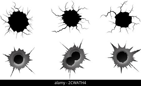 Einschussloch und geschliffene Risse gesetzt. Metall Einzel-und Doppel-Bullet-Loch, Schaden-Effekt. Erdbeben und Bodenrisse, Craquelure und beschädigte Textur Stock Vektor