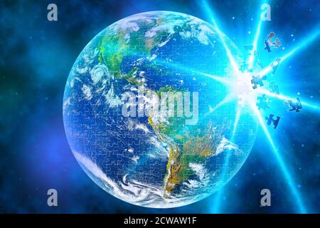 Planet Erde (aus Puzzle) explodieren im Raum mit mehreren Stücken fallen ab. Stockfoto
