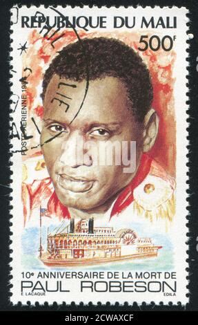 MALI - UM 1986: Briefmarke gedruckt von Mali, zeigt Paul Robeson, amerikanischer Schauspieler, Singer, um 1986 Stockfoto
