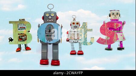 Retro Zinn Roboter Spielzeug halten die Wort BOTS Wolke Stockfoto