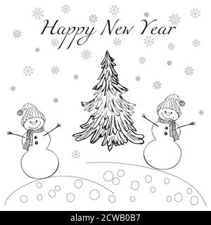 Lustige Schneemänner lächeln, als sie im Schnee neben dem Weihnachtsbaum stehen. Nettes neues Jahr, Weihnachten Urlaub Charakter lächelnd in einem Schal und Hut Stock Vektor