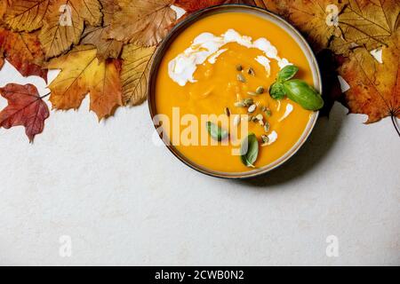 Schüssel mit vegetarischer Kürbis- oder Karotten-Sahnesuppe, dekoriert mit frischen Basilikum-, Sahne- und Kürbiskernen auf weißem Hintergrund mit gelbem Herbstahorn Stockfoto