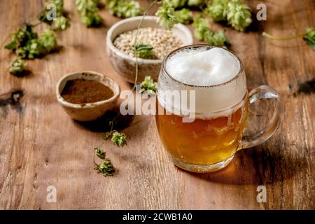 Klassischer Glas-Becher mit frischem, kalt schaumigem Lagerbier mit grünen Hopfenzapfen, Weizenkorn und rotfermentiertem Malz in Keramikschalen dahinter über Holzstruktur Stockfoto