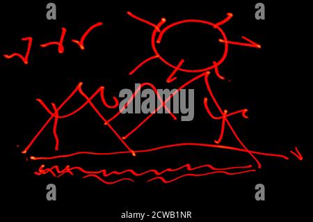 Roter Laserstrahl, Licht, das Muster auf schwarzer Oberfläche schafft, Platz für Text. Stockfoto