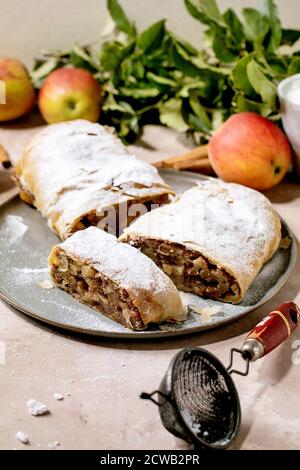 Hausgemachter klassischer Apfelstrudel in Scheiben mit Puderzucker auf Keramikplatte mit frischen Äpfeln, grünen Blättern und Zimtstangen darüber. Stockfoto